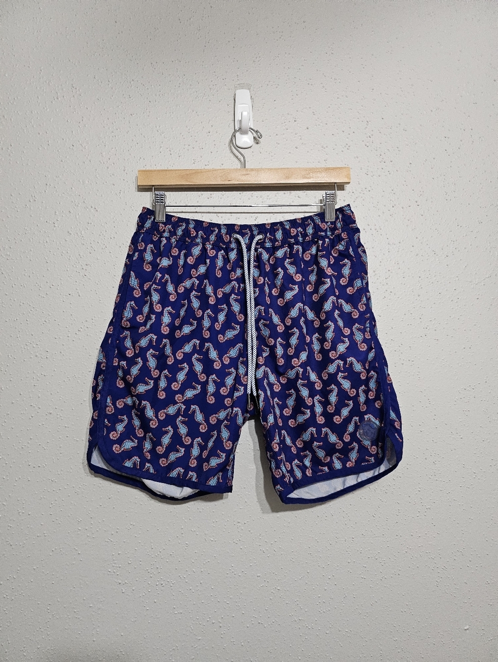 Mr Swim Seahorse Print Swim Trunks Mens M Blue Lined Beach Shorts Quick Dry